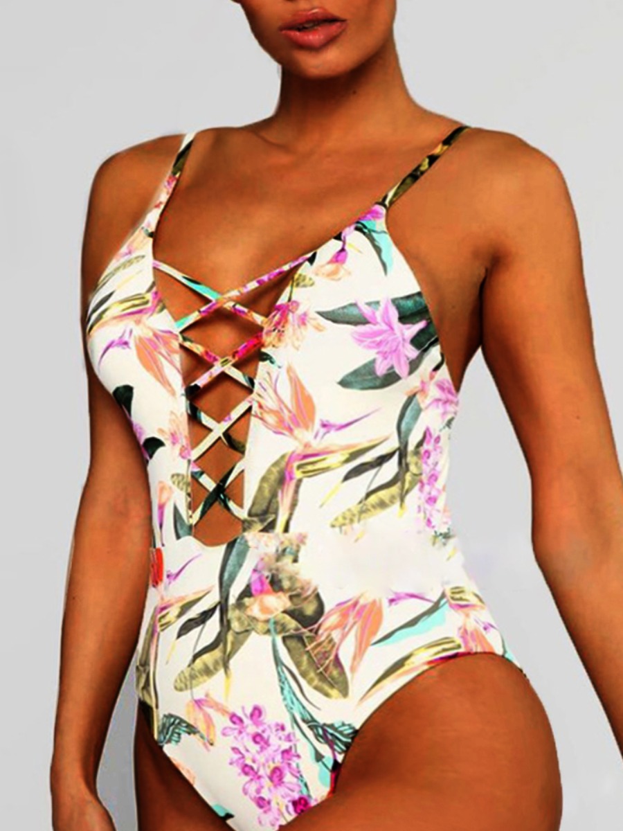

Lovely Boho Floral Print Bandage Hollow-out Design Multicolor One-piece Swimsuit, Multi