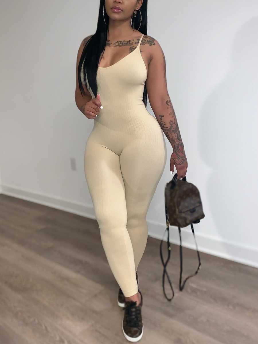

Lovely Sweet U Neck Basic Skinny Apricot One-piece Jumpsuit