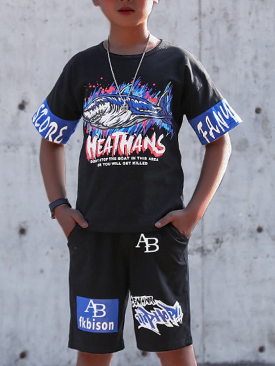

Lovely Boy Street Letter Print Patchwork Black Two Piece Shorts Set