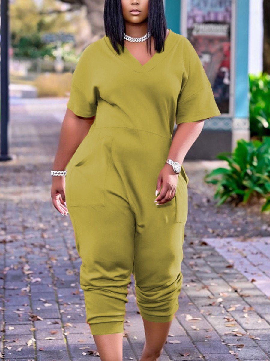 

LW Plus Size Casual V Neck Pocket Design Light Green One-piece Jumpsuit