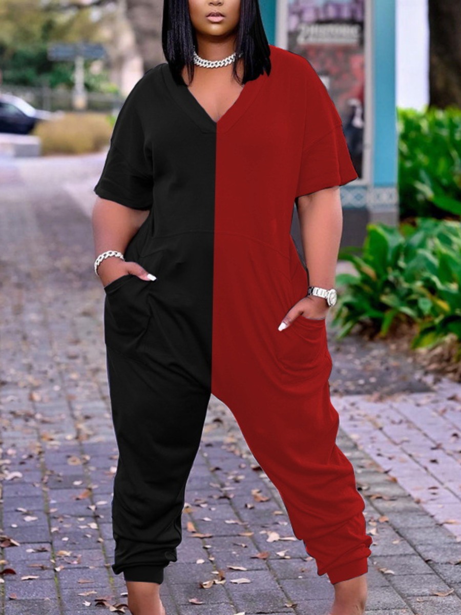 

Lovely Plus Size Casual Dropped Shoulder Color-lump Patchwork Black Two-piece Pants Set