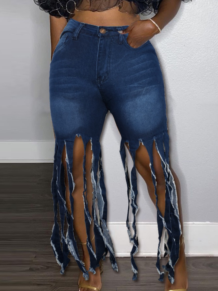 

Lovely Plus Size Street High-waisted Tassel Design Deep Blue Jeans