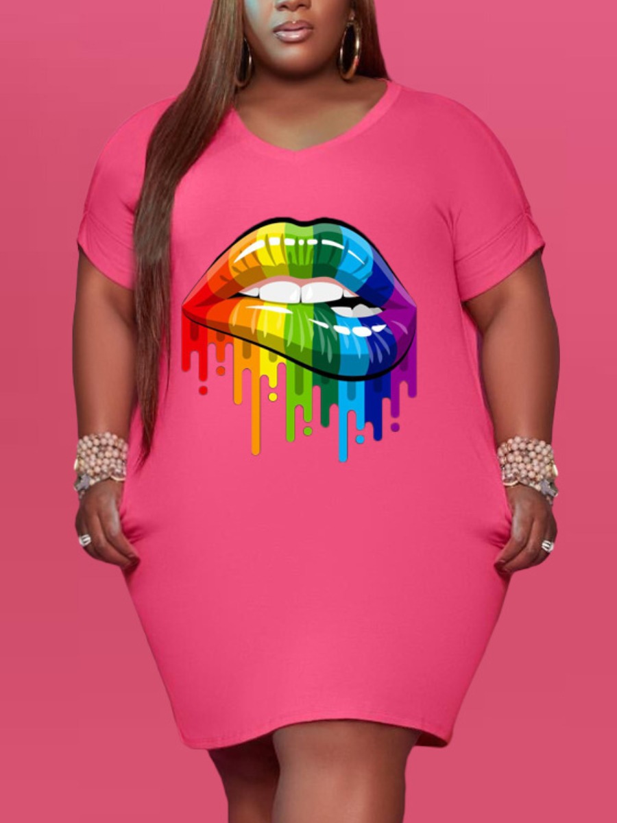 

Lovely Street V Neck Lip Print Pink Mini Plus Size Dress