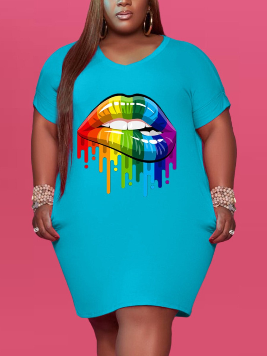 

Lovely Plus Size Street V Neck Lip Print Baby Blue Mini Dress