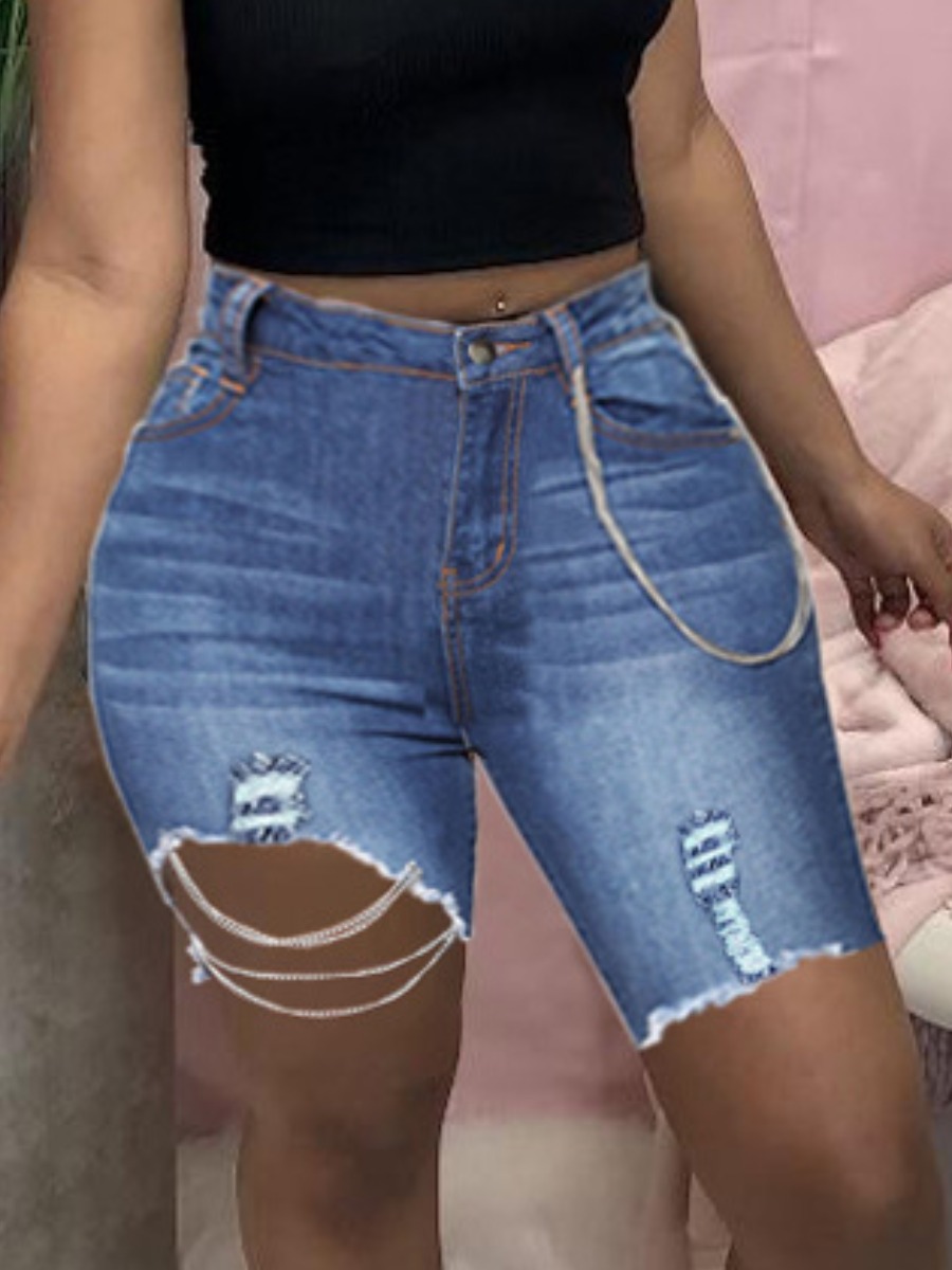 

Lovely Street High-waisted Ripped Deep Blue Denim Shorts