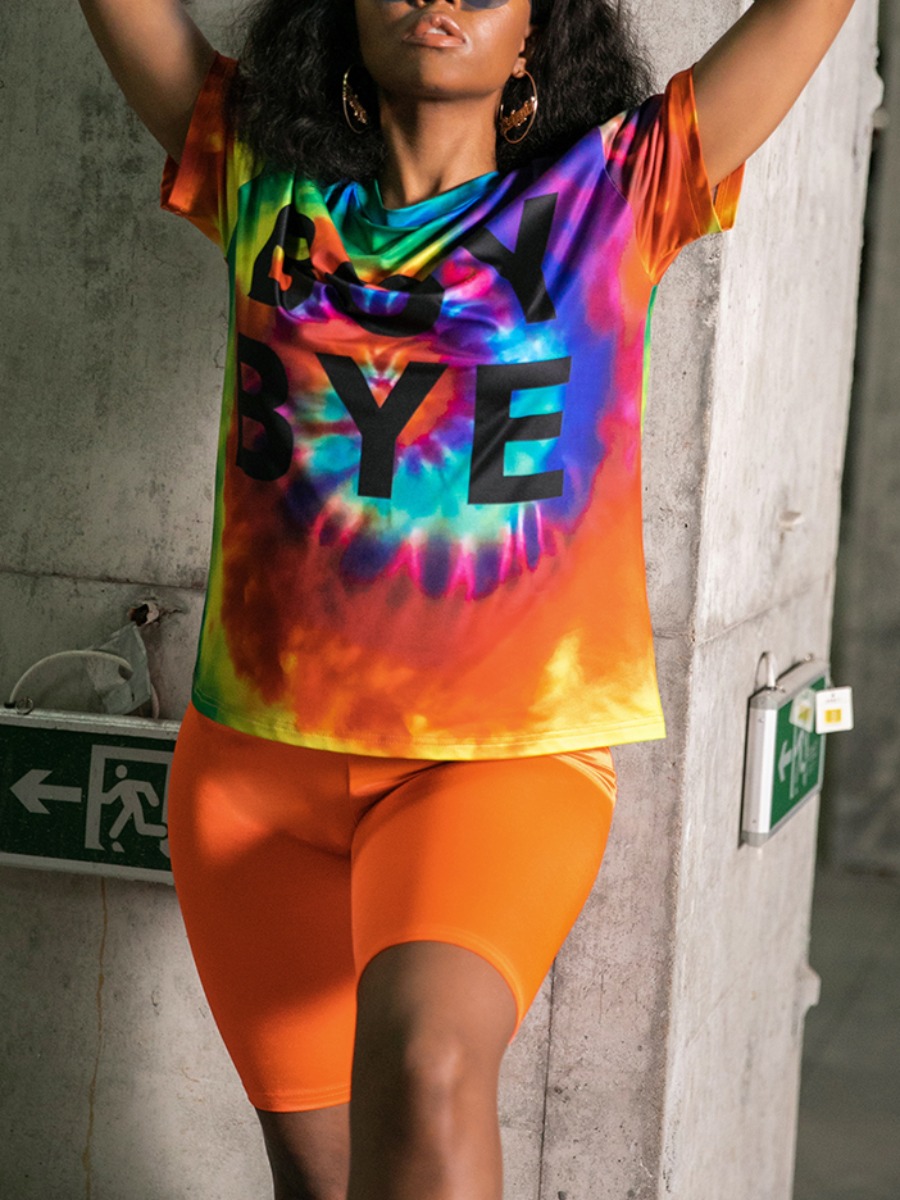 

LW Casual Letter Print Tie Dye Multicolor T-shirt, Multi