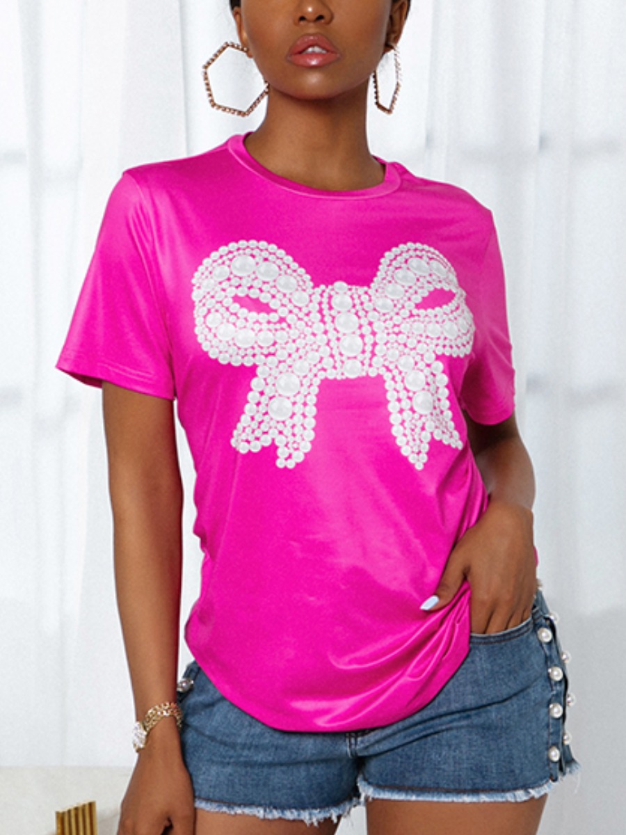 

LW Blending Casual Print Regular sleeve Basic Loose Short Sleeve O Neck Positioning Print Tshirt, Pink