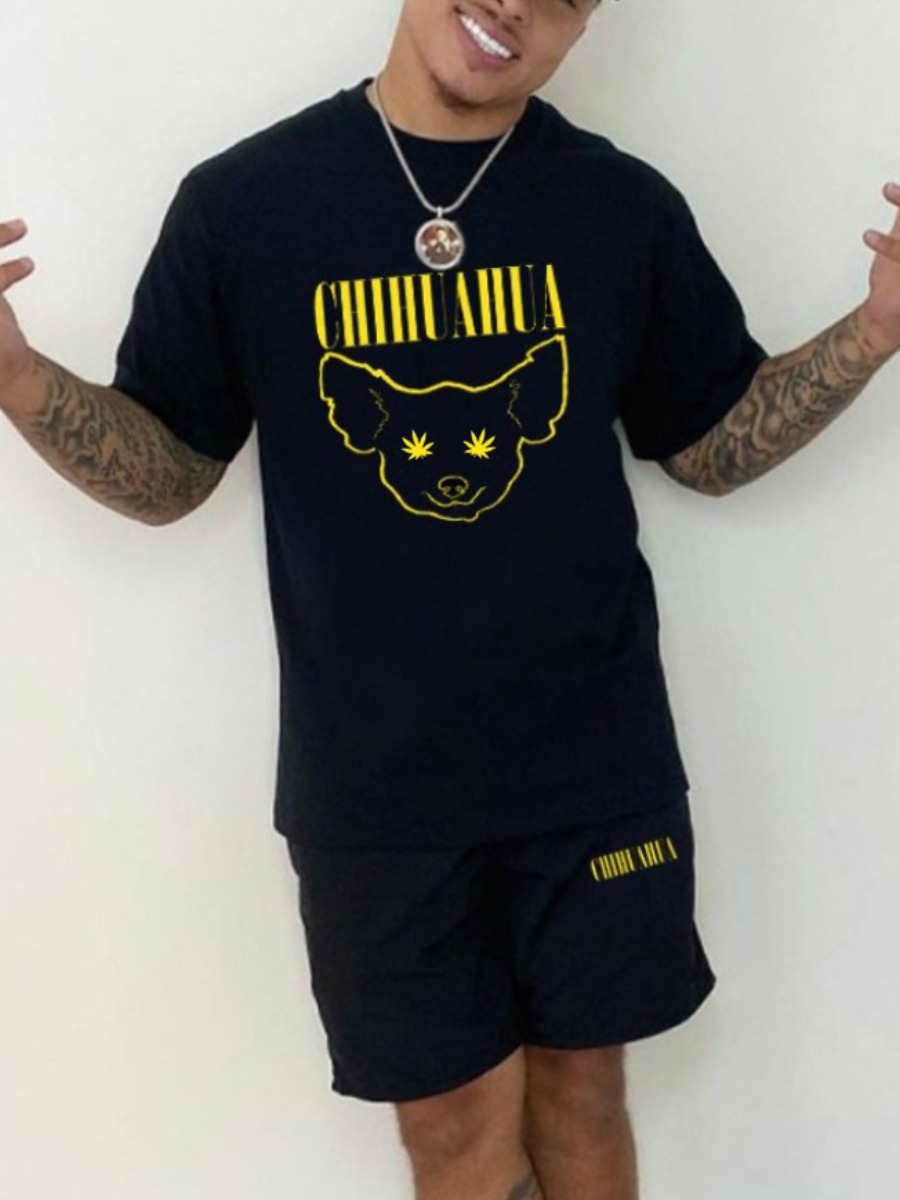 

Lovely Men Casual O Neck Letter Print Black Two Piece Shorts Set