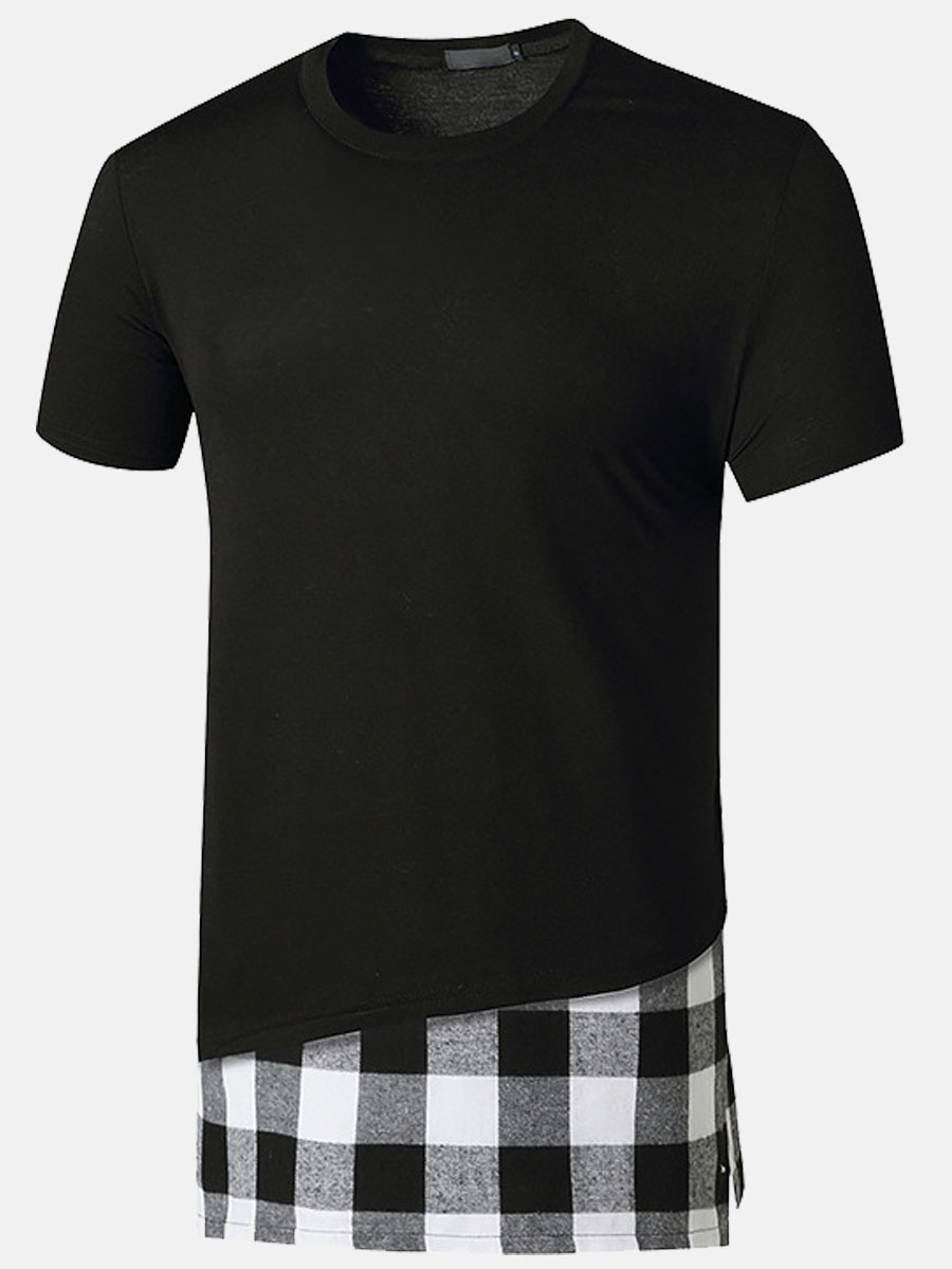 

Lovely Men Casual O Neck Plaid Print Black T-shirt