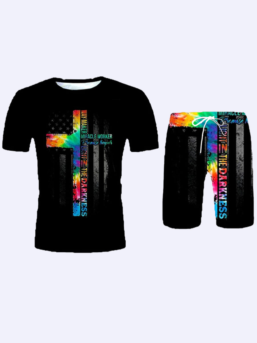 

Lovely Men Street Letter Print Tie Dye Black Two Piece Shorts Set