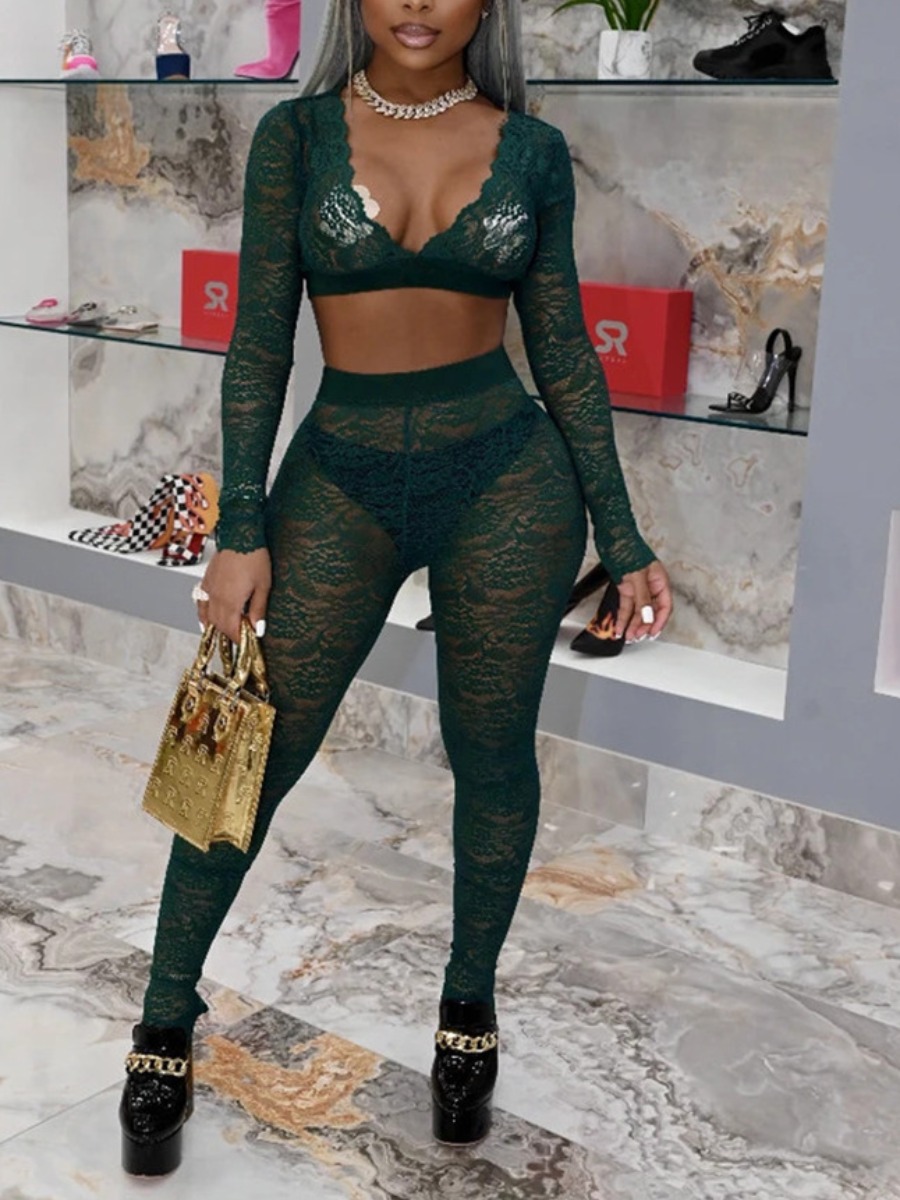 

Lovely Sexy V Neck See-through Black Green Two Piece Pants Set