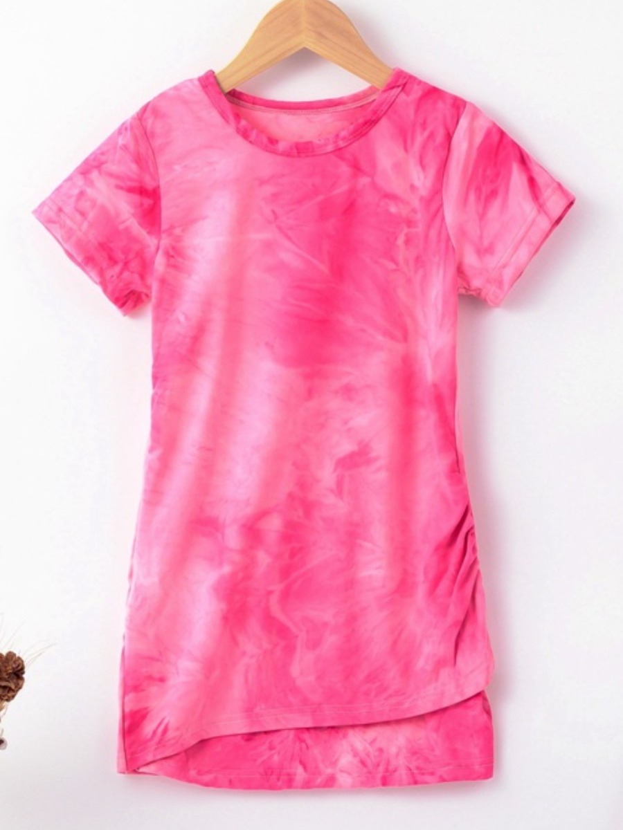 

Lovely Girl Casual O Neck Tie-dye Pink Knee Length Dress