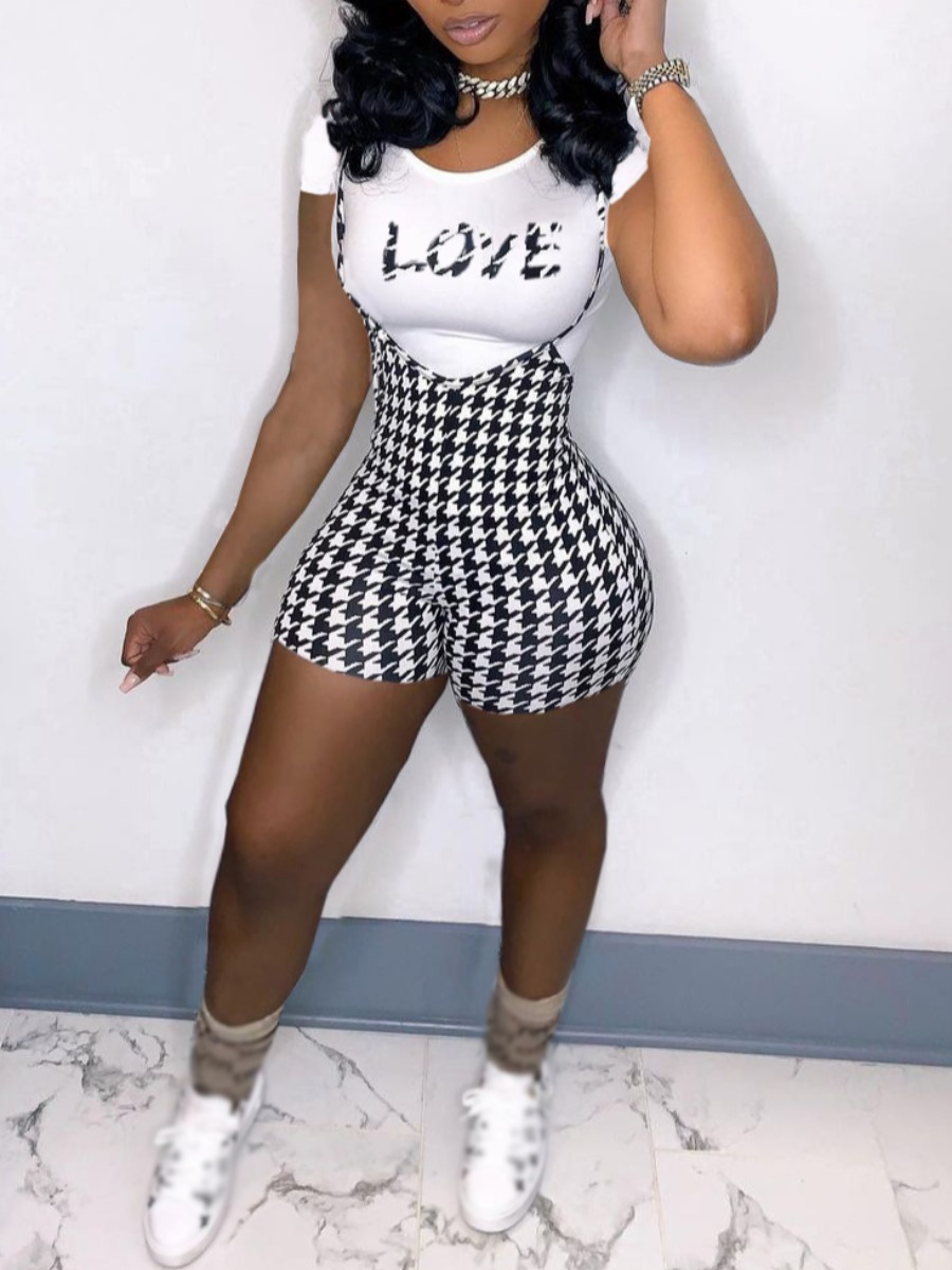 Lovely Casual Plaid Letter Print Black Two Piece Shorts Set