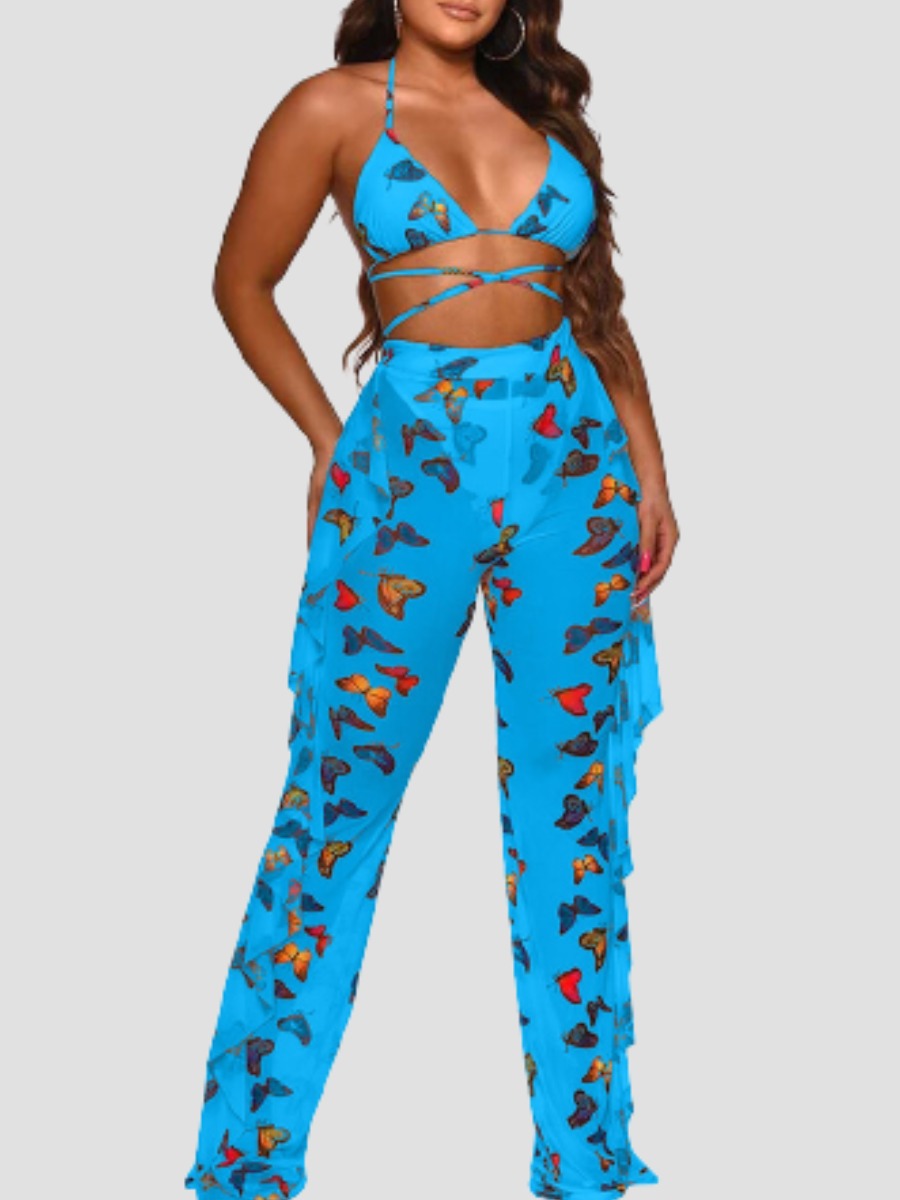 

Lovely Boho Butterfly Print Flounce Design Blue Two-piece Swimsuit