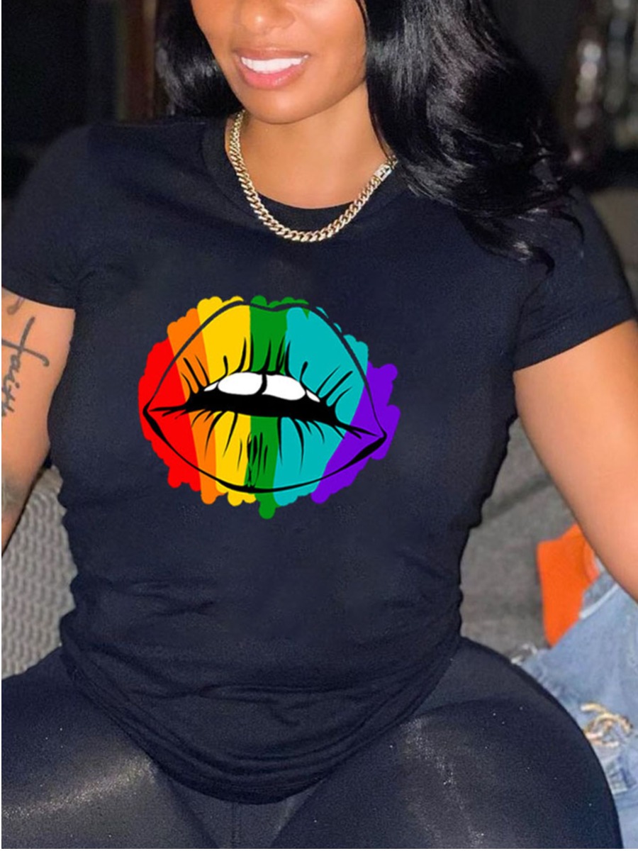 

Lovely Casual O Neck Lip Print Black T-shirt