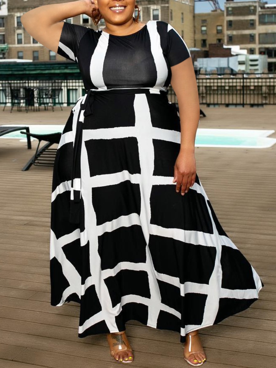 

Lovely Street O Neck Plaid Print Black Ankle Length Plus Size Dress