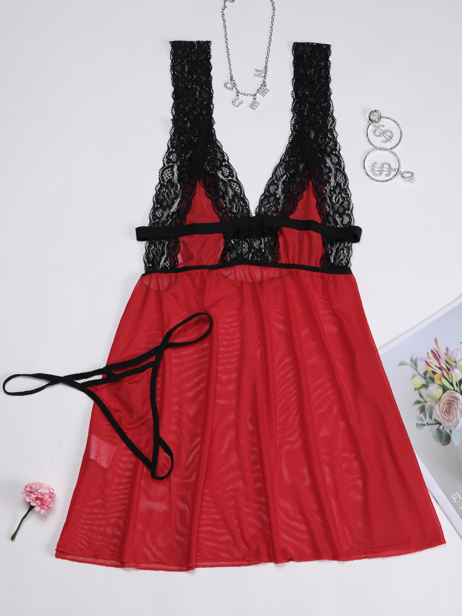 

Lovely Sexy Lace Patchwork Red Babydoll