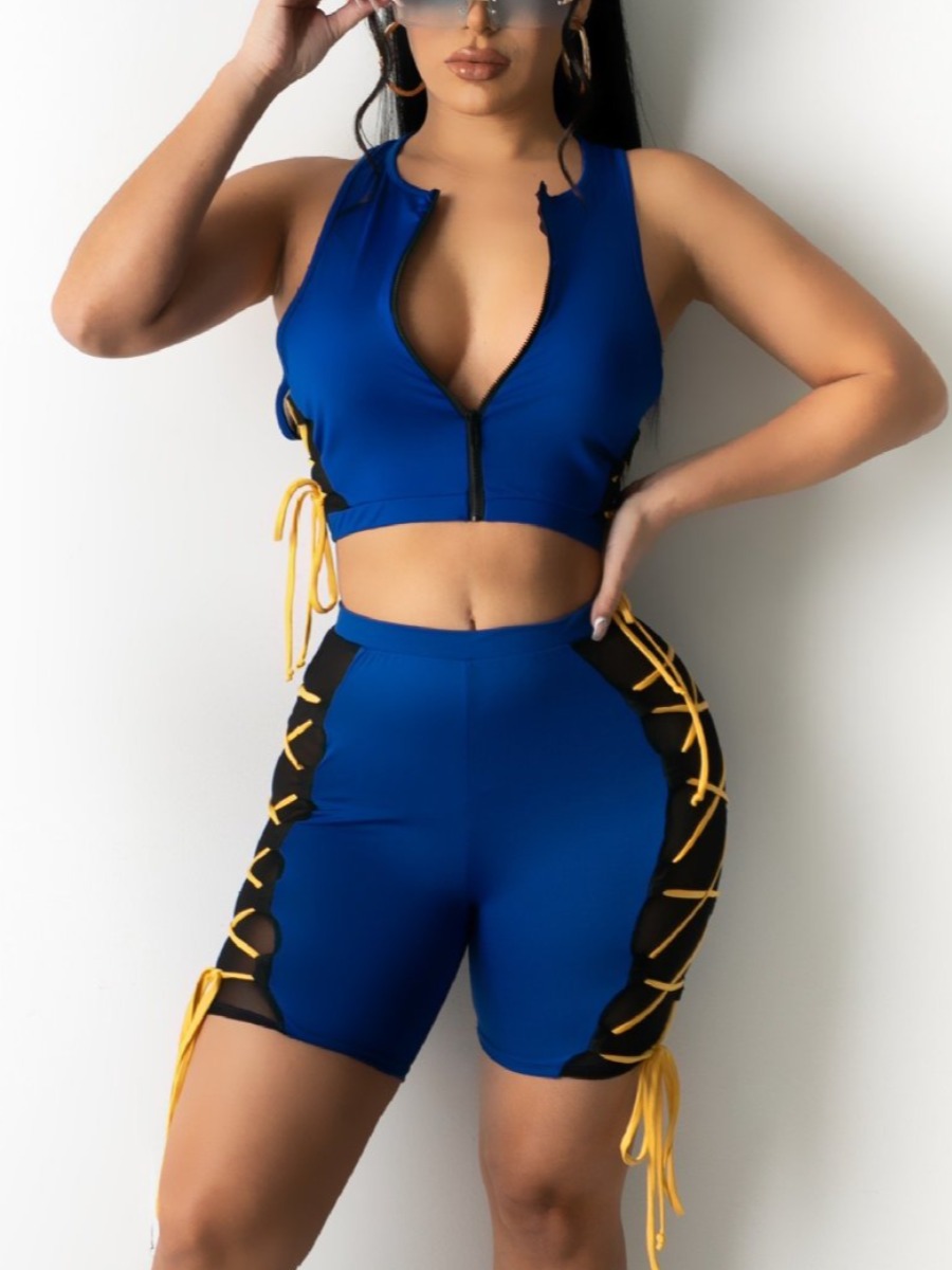 

Lovely Sporty Bandage Design Mesh Patchwork Blue Two Piece Shorts Set