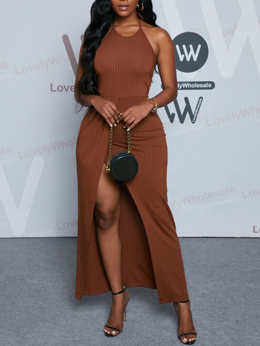

Lovely Sexy Backless Rib-Knit Split Brown Ankle Length Dress