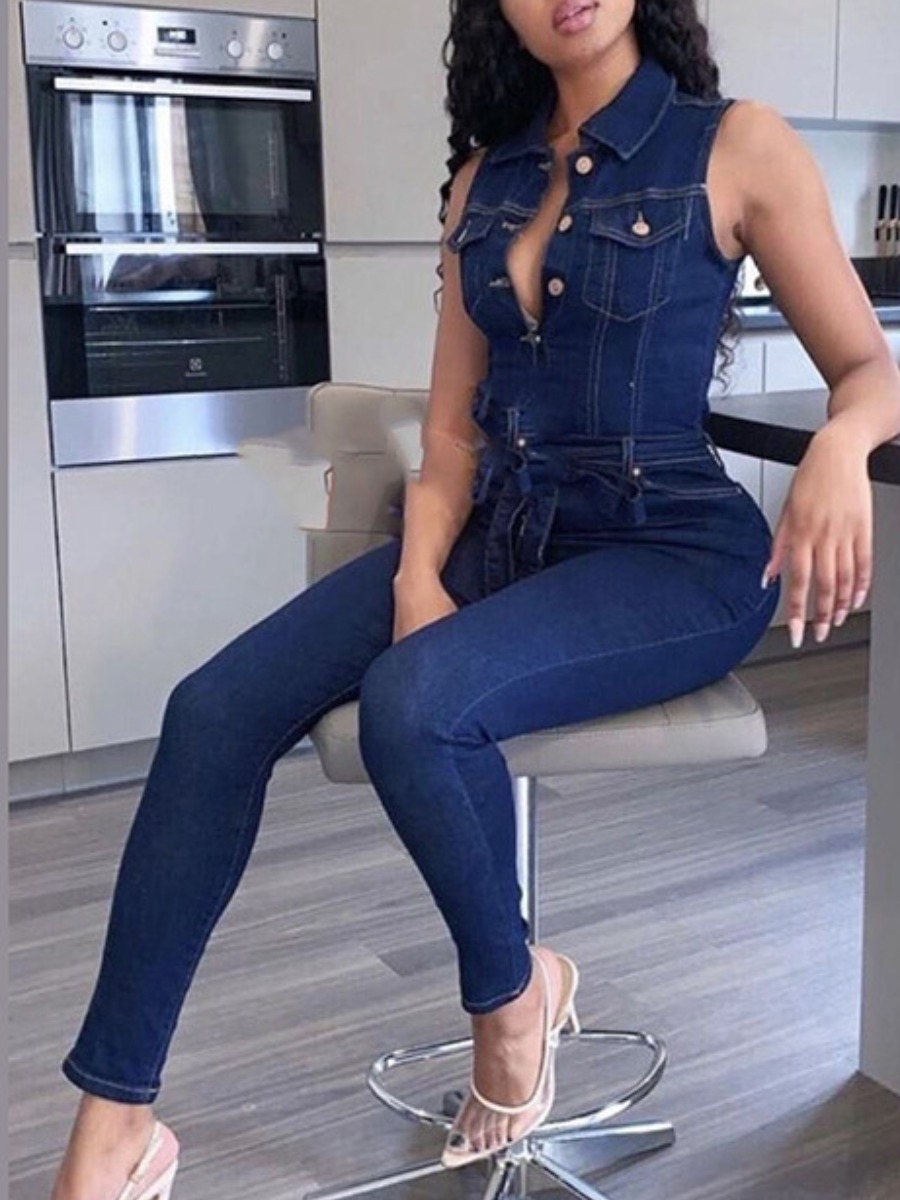 

Lovely Street Button Bandage Design Deep Blue One-piece Denim Jumpsuit