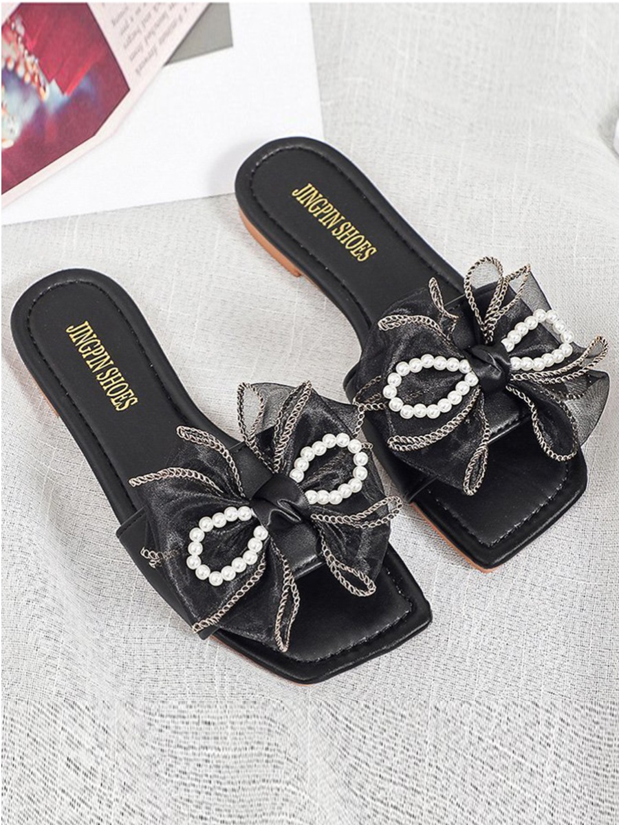 

Lovely Casual Pearl Bow-tie Decoration Black Slippers