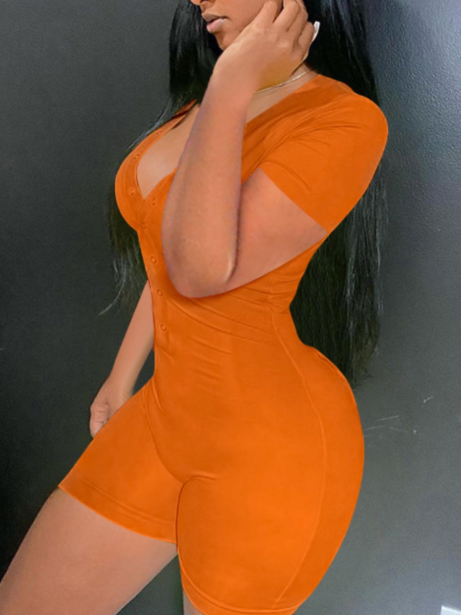 

LW Casual V Neck Button Design Orange One-piece Romper