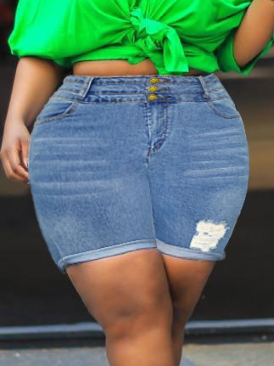 

Lovely Casual High-waisted Ripped Deep Blue Plus Size Denim Shorts
