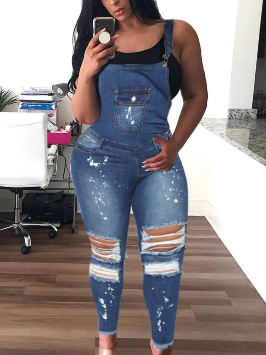 

Lovely Street Ripped Suspender Baby Blue Denim One-piece Jumpsuit