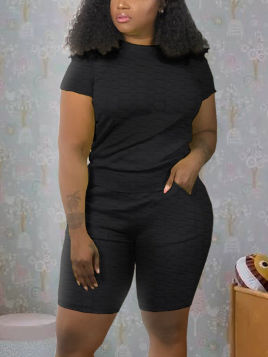 

Lovely Casual O Neck Elastic Black Plus Size Two-piece Shorts Set