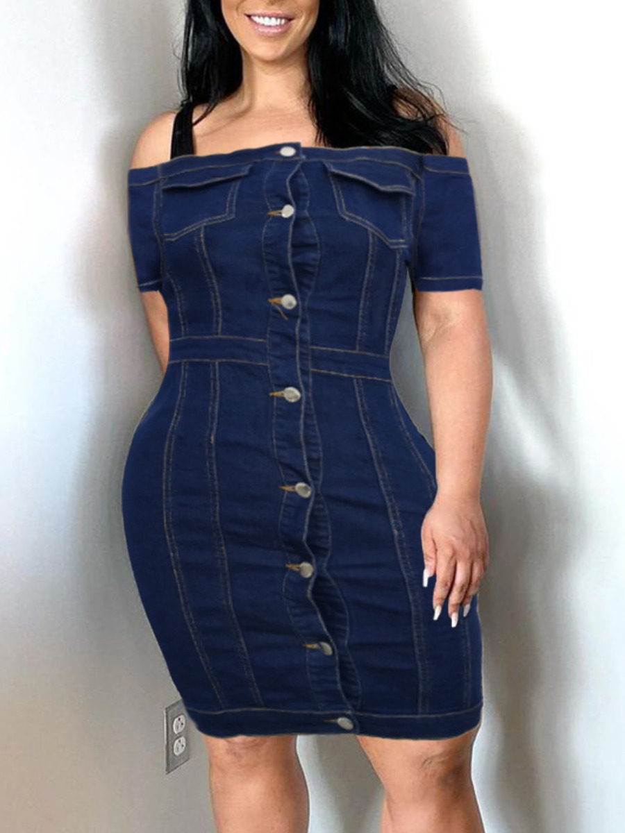 

Lovely Casual Off The Shoulder Button Design Blue Knee Length Plus Size Denim Dress