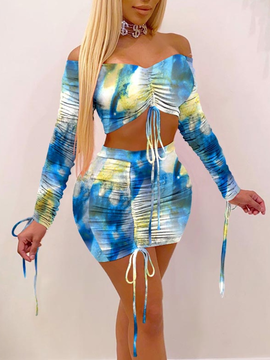

Lovely Sexy Tie Dye Ruched Drawstring Baby Blue Two Piece Skirt Set