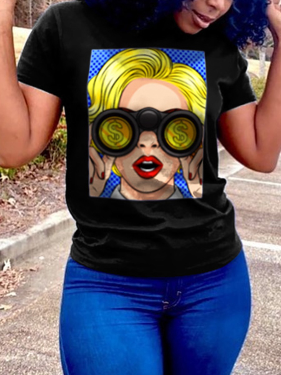 

Lovely Street Graffiti Print Patchwork Black T-shirt