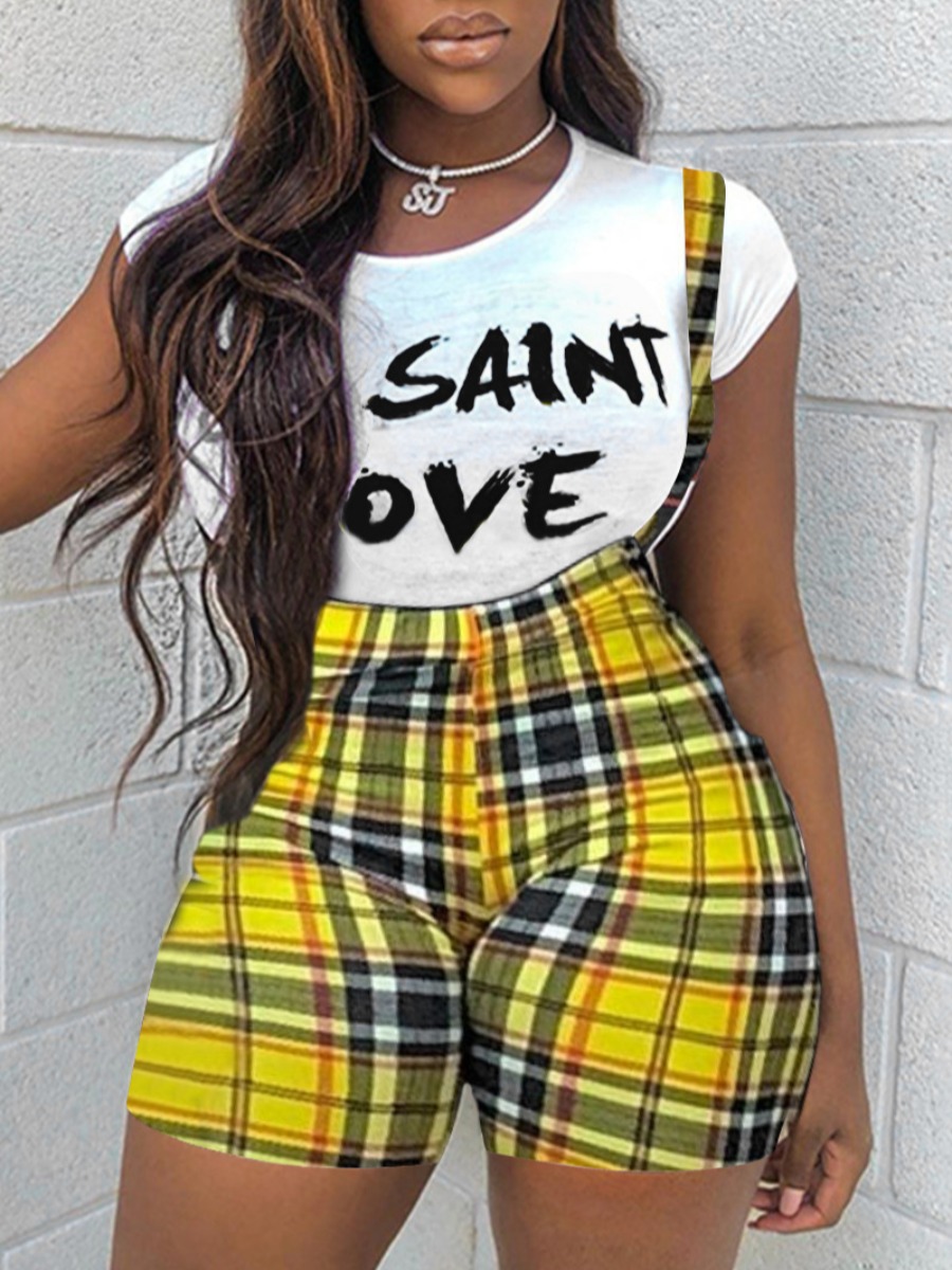 

Lovely Street Plaid Letter Print Suspender Yellow Two Piece Shorts Set