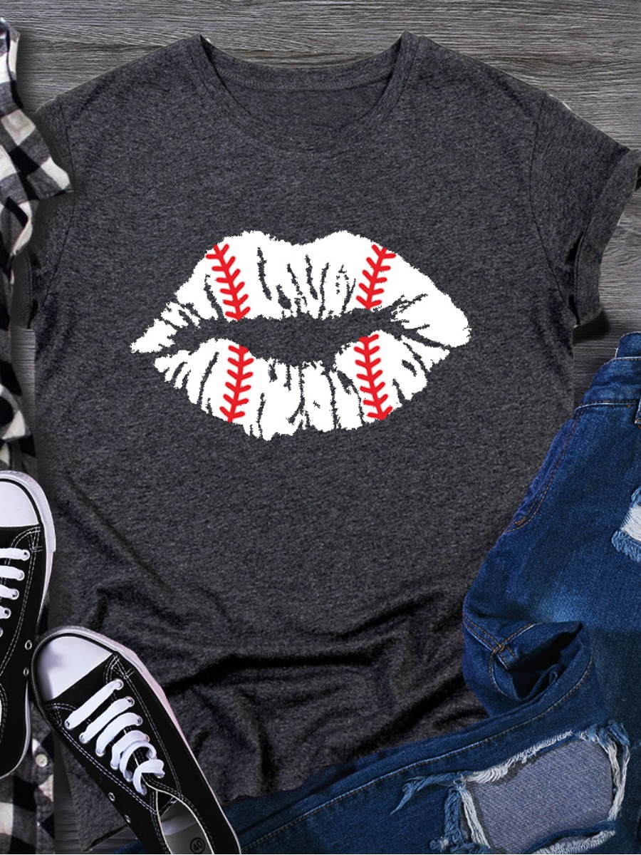 

Lovely Casual O Neck Lip Print Black T-shirt