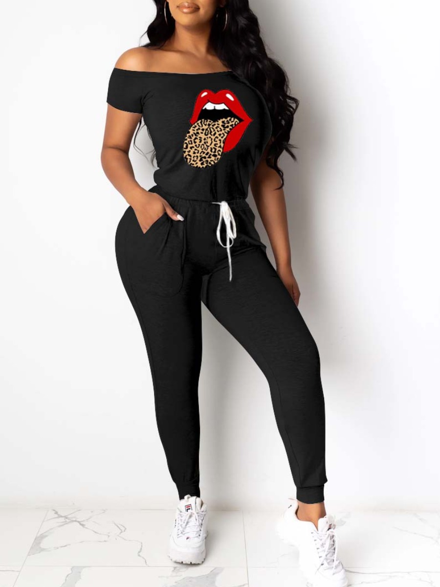 

Lovely Casual Off The Shoulder Lip Print Black One-piece Jumpsuit