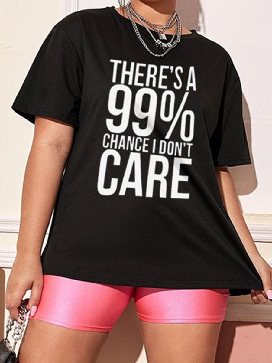 

Lovely Plus Size Casual O Neck Letter Print Black T-shirt