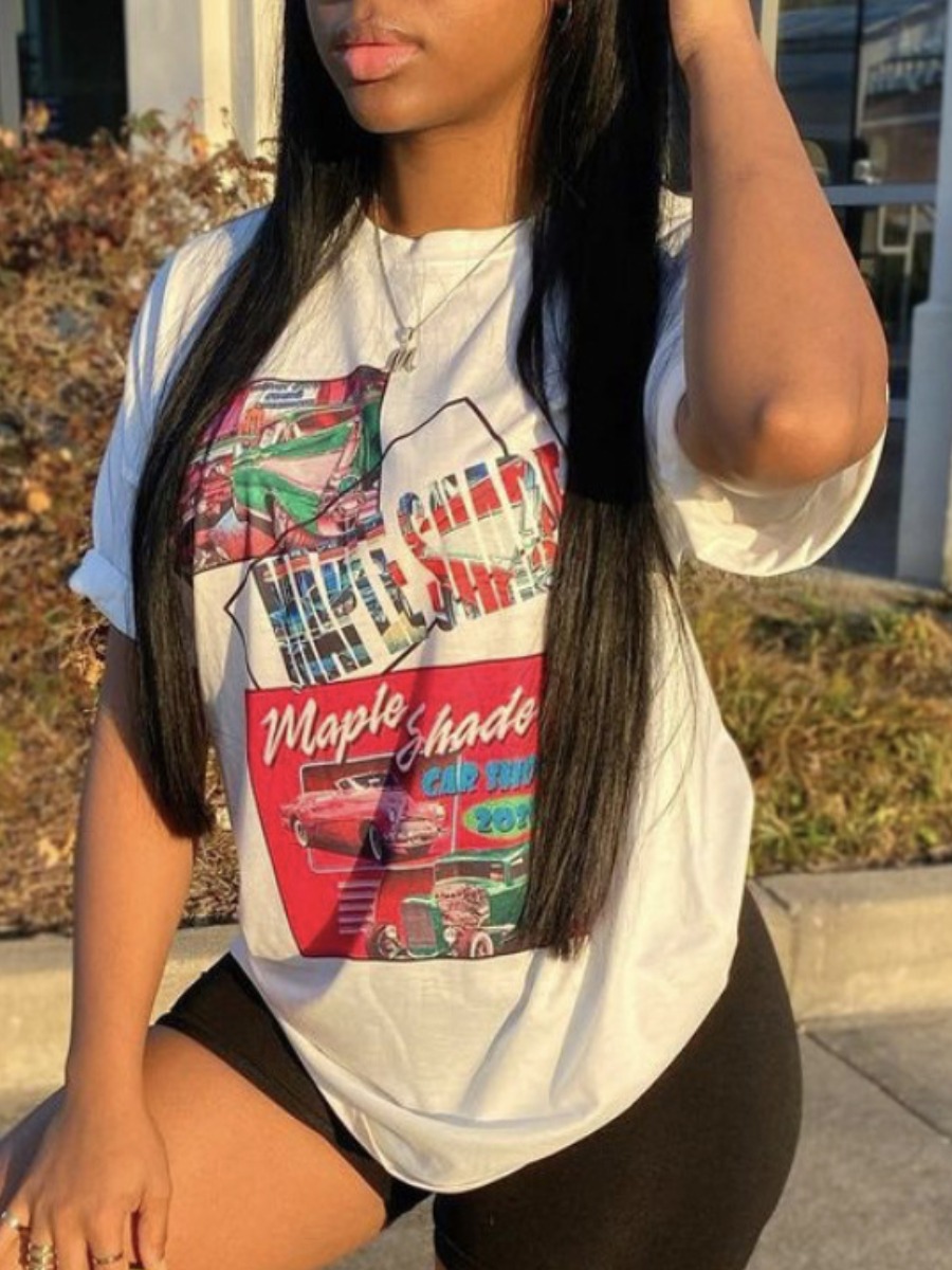 

Lovely Street Cartoon Letter Print White T-shirt