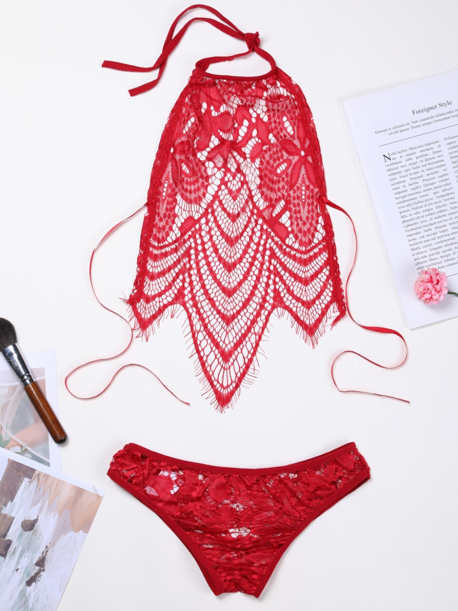 

Lovely Sexy See-through Bandage Design Red Bra Set