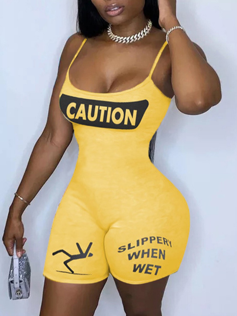 

Lovely Casual Letter Print Basic Skinny Yellow One-piece Romper
