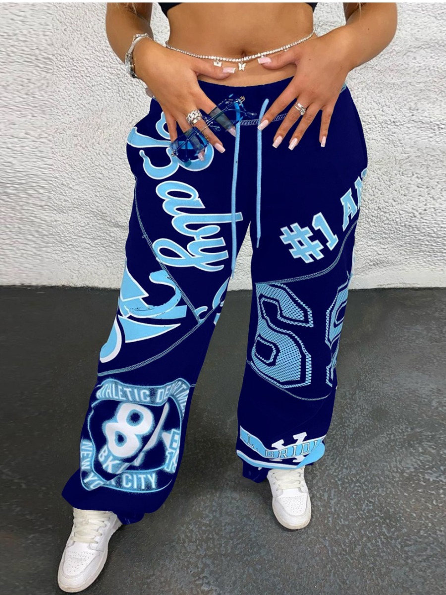 

Lovely Street Letter Print Drawstring Royalblue Pants