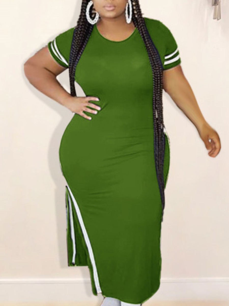 

Lovely Plus Size Casual Striped Split Green Ankle Length Dress