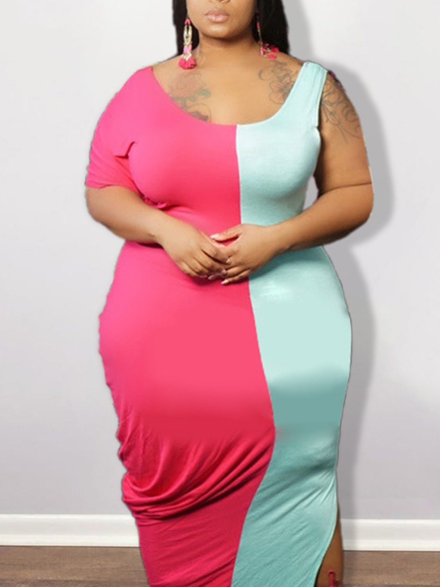 

Lovely Plus Size Street U Neck Color-lump Split Rose Red Floor Length Dress