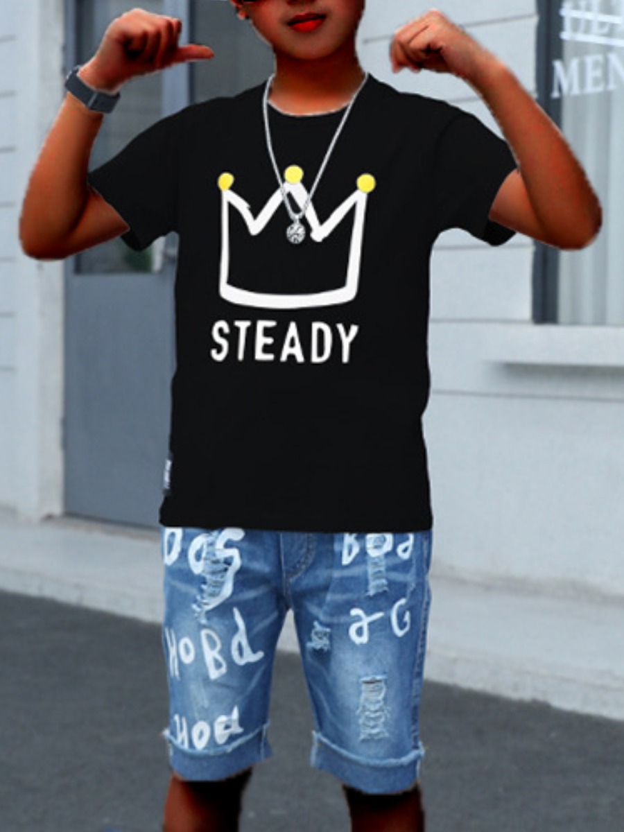 

Lovely Boy Casual Crown Letter Print Ripped Black Two Piece Shorts Set