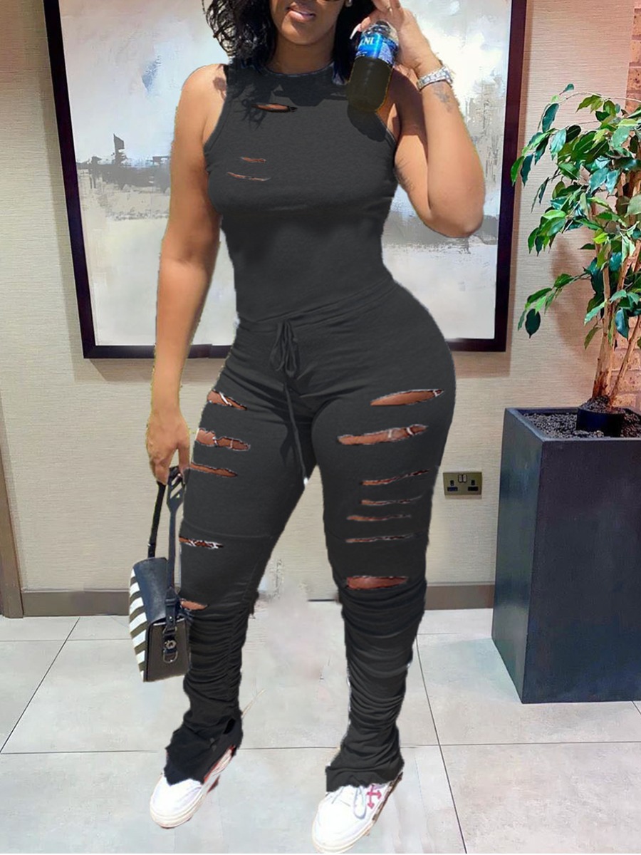 

Lovely Plus Size Street Ripped Fold Design Drawstring Black One-piece Jumpsuit