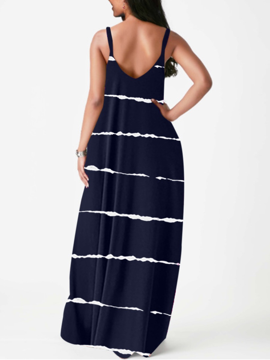 LW Plus Size Casual V Neck Print Dark Blue Floor Length A Line Dress
