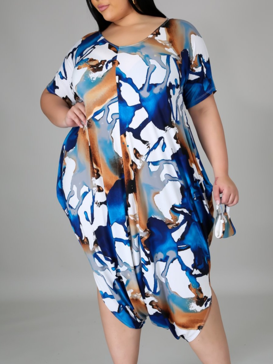 

LW Plus Size Street Print Patchwork Blue One-piece Romper