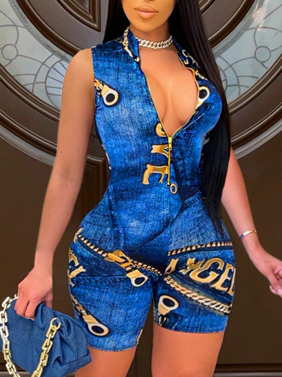 

Lovely Plus Size Street Print Zipper Design Blue One-piece Romper