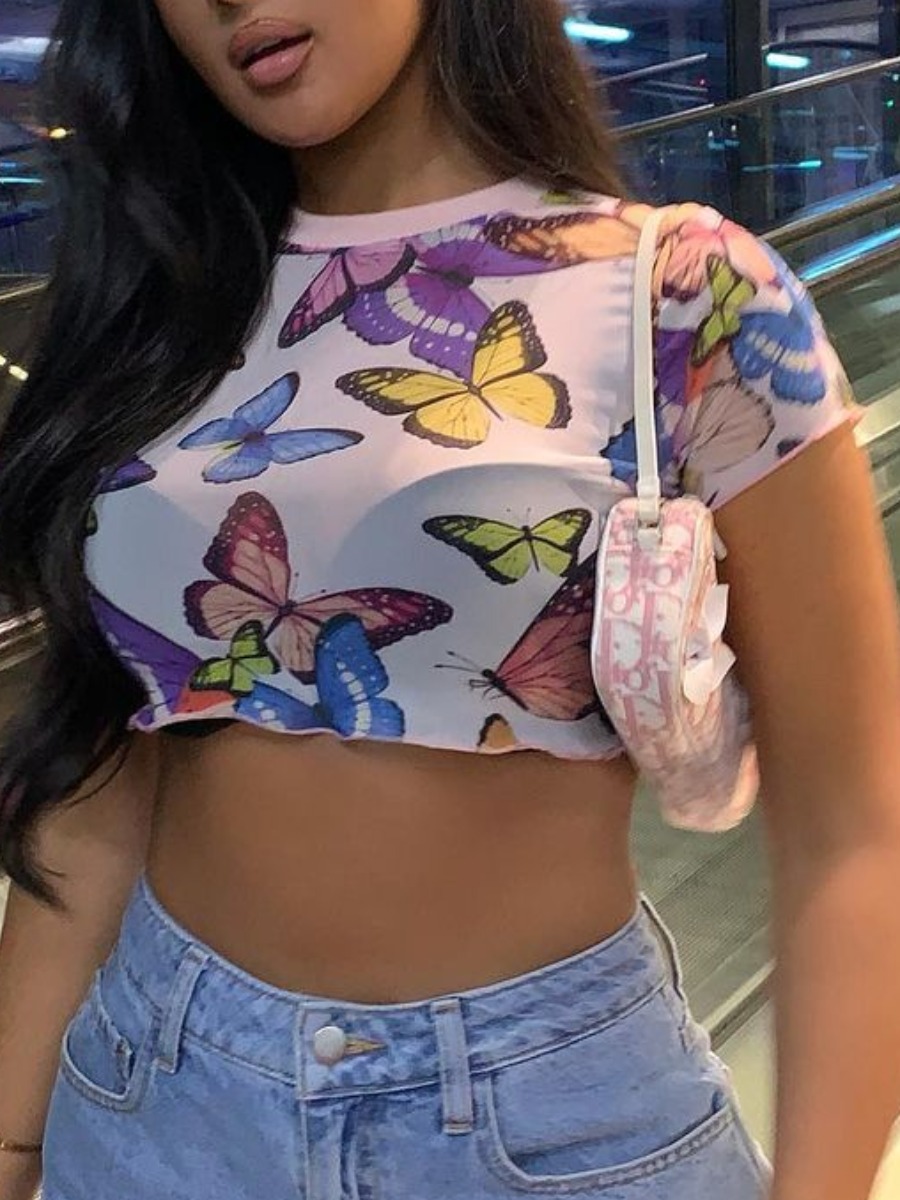 

Lovely Sweet Butterfly Print See-through Multicolor T-shirt, Multi