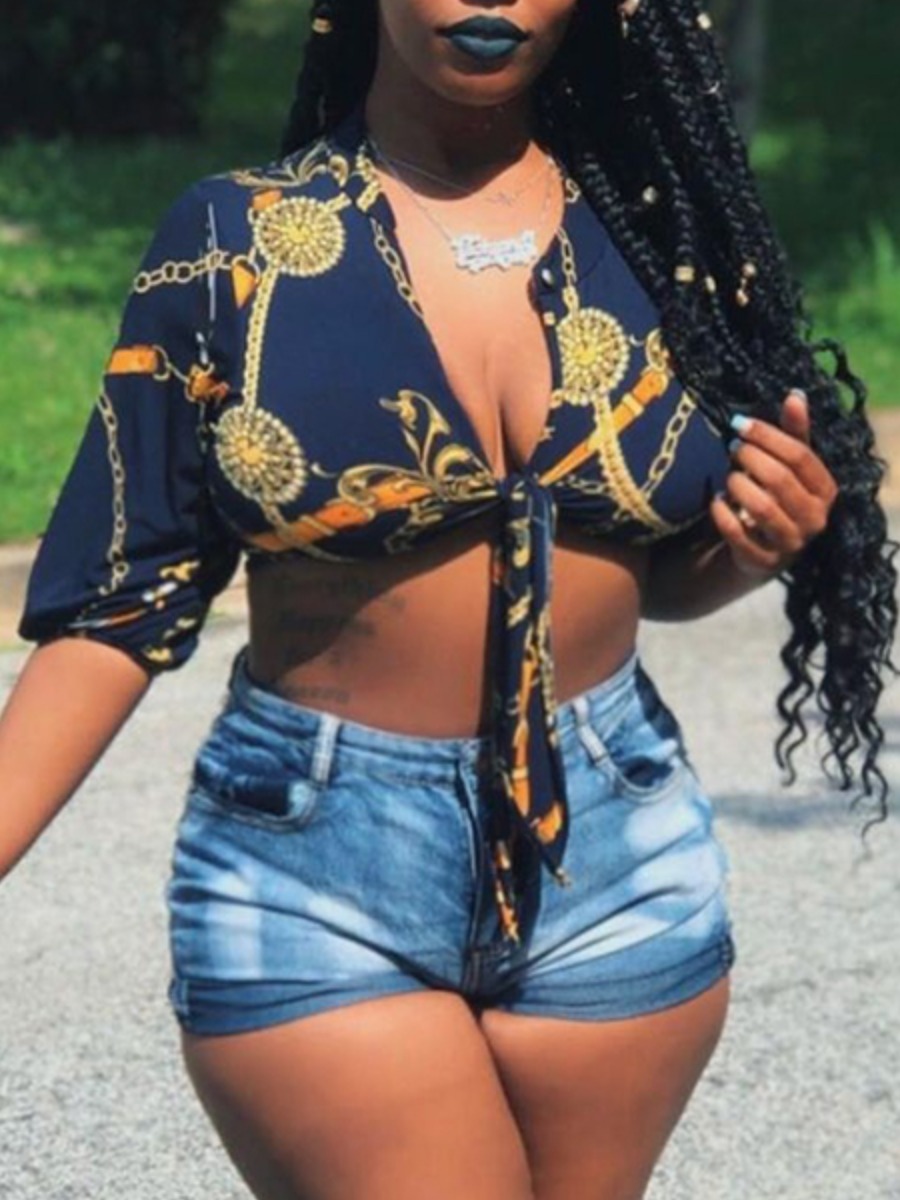 

Lovely Casual Chain Print Bandage Design Dark Blue Blouse