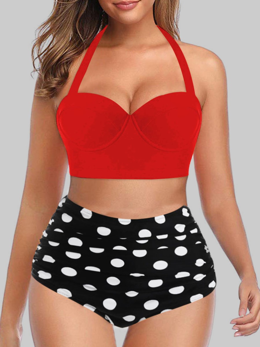 

Lovely Boho Dot Print Red Plus Size Two-piece Swimsuit